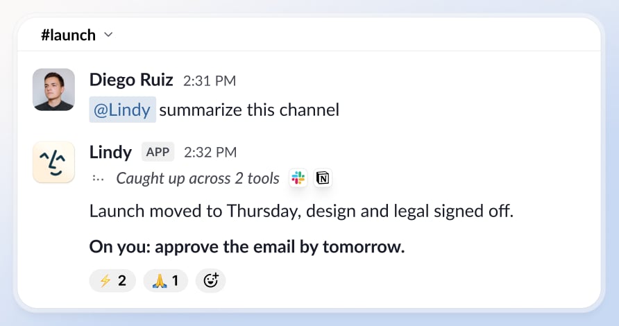 Lindy summarizes the #launch channel: launch moved to Thursday, design and legal signed off, and flags that you need to approve the email by tomorrow