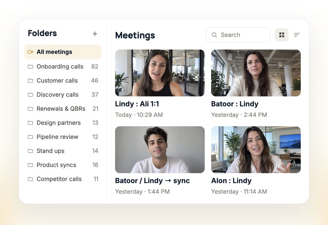 Lindy’s meeting library with a folder sidebar, search, and four recorded meetings with thumbnails and timestamps.
