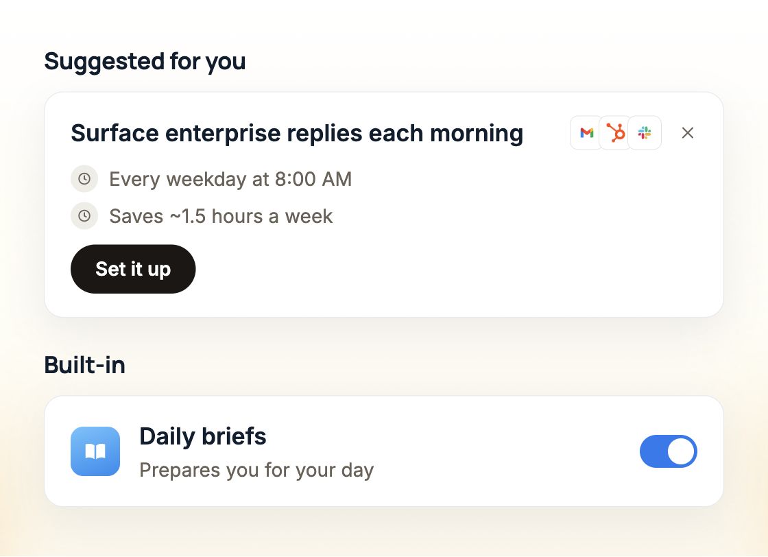 Suggested routine to surface enterprise replies every weekday at 8:00 AM, with a Set it up button, above the enabled Daily briefs routine.