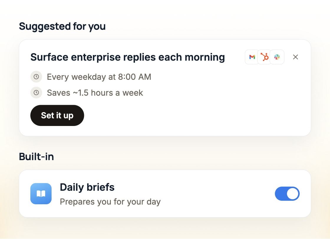Suggested routine to surface enterprise replies every weekday at 8:00 AM, with a Set it up button, above the enabled Daily briefs routine.
