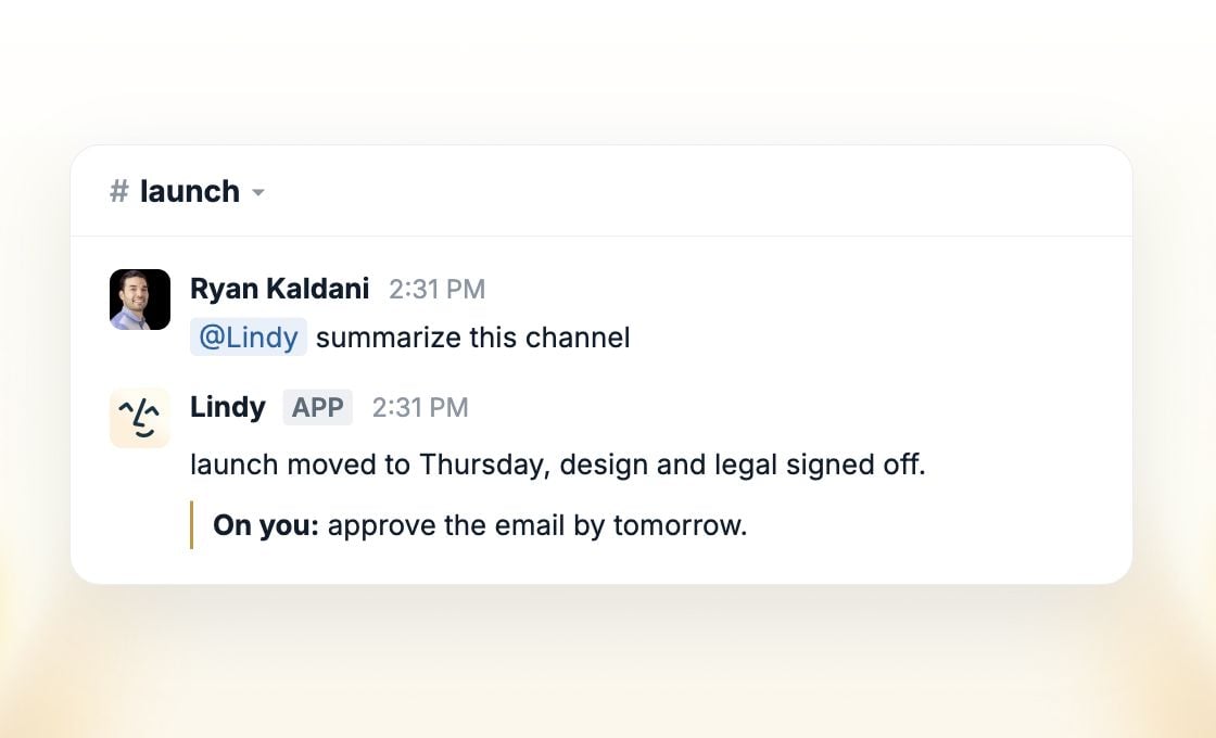 Lindy summarizes the launch channel: the launch moved to Thursday, design and legal approved, and the email needs approval by tomorrow.