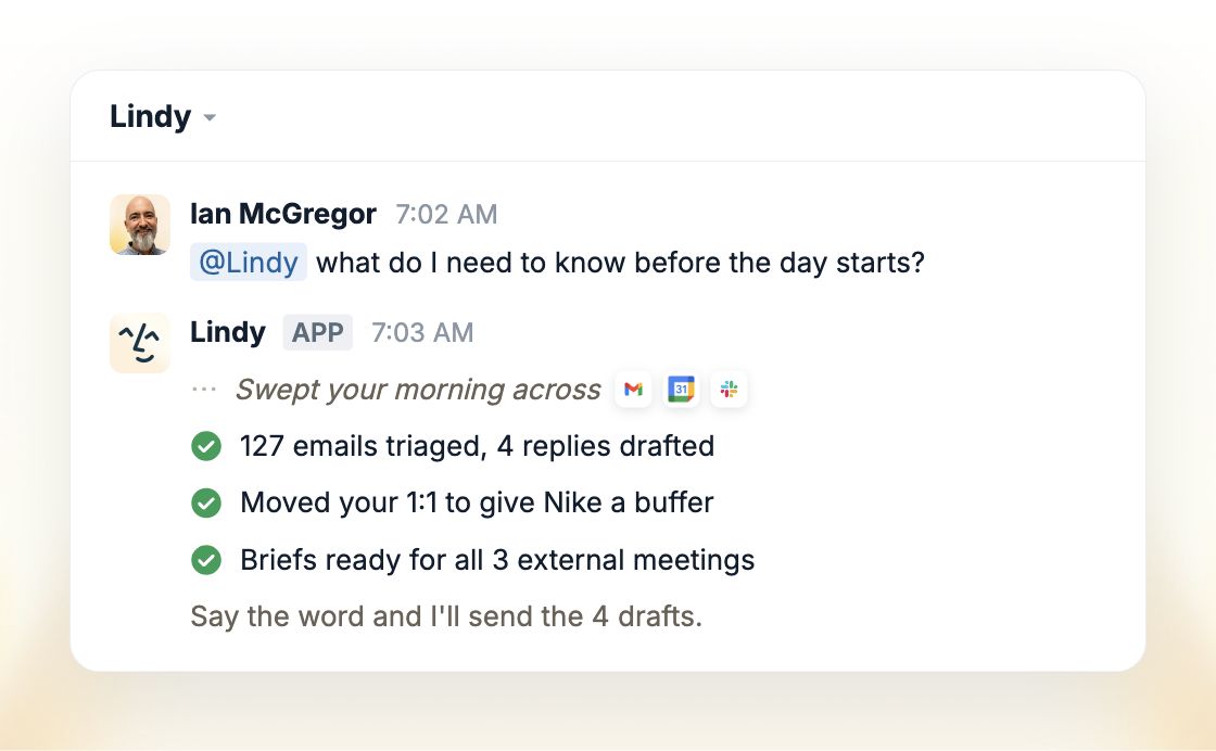 Lindy prepares a morning brief with 127 emails triaged, four replies drafted, a 1:1 moved to create a buffer, and briefs ready for three external meetings.