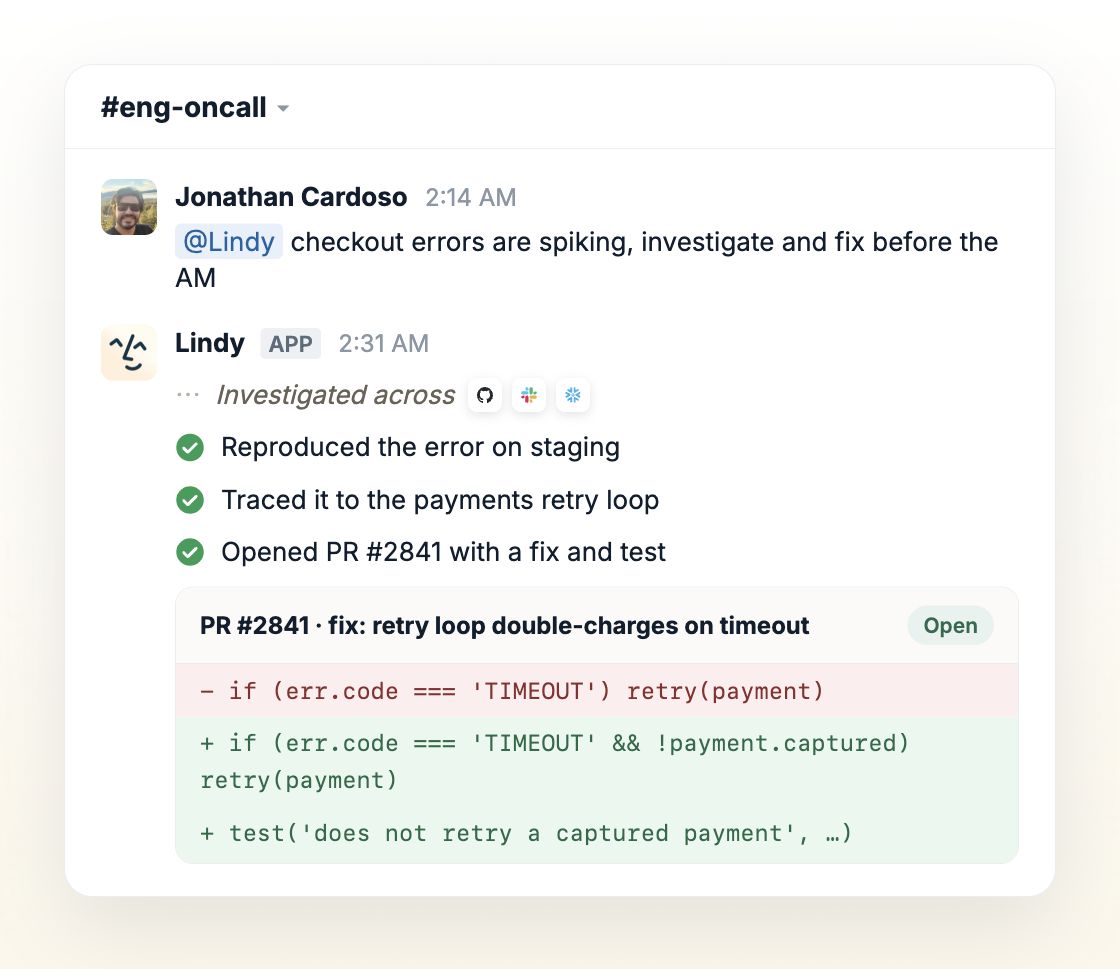 Lindy investigates checkout errors, traces the payments retry loop, and opens PR 2841 with a fix and test.