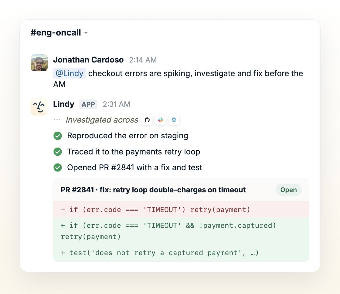 Lindy investigates checkout errors, traces the payments retry loop, and opens PR 2841 with a fix and test.