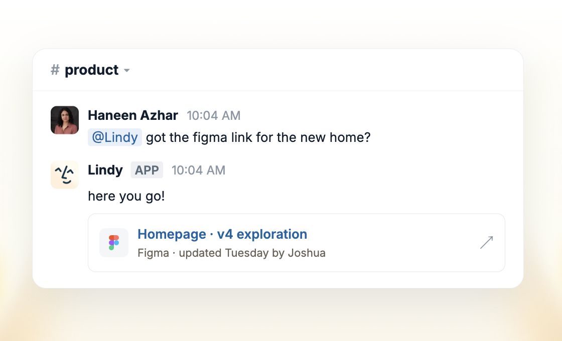 Asked for the homepage Figma file in Slack, Lindy returns the latest exploration with its source and update details.