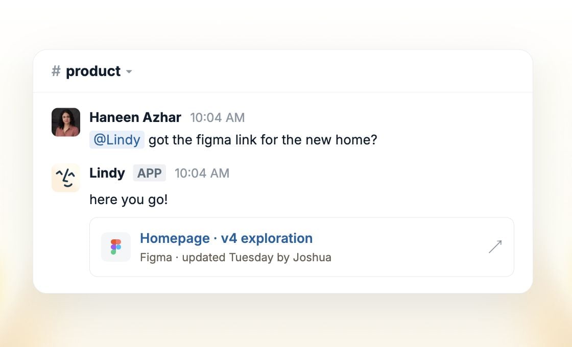 Asked for the homepage Figma file in Slack, Lindy returns the latest exploration with its source and update details.
