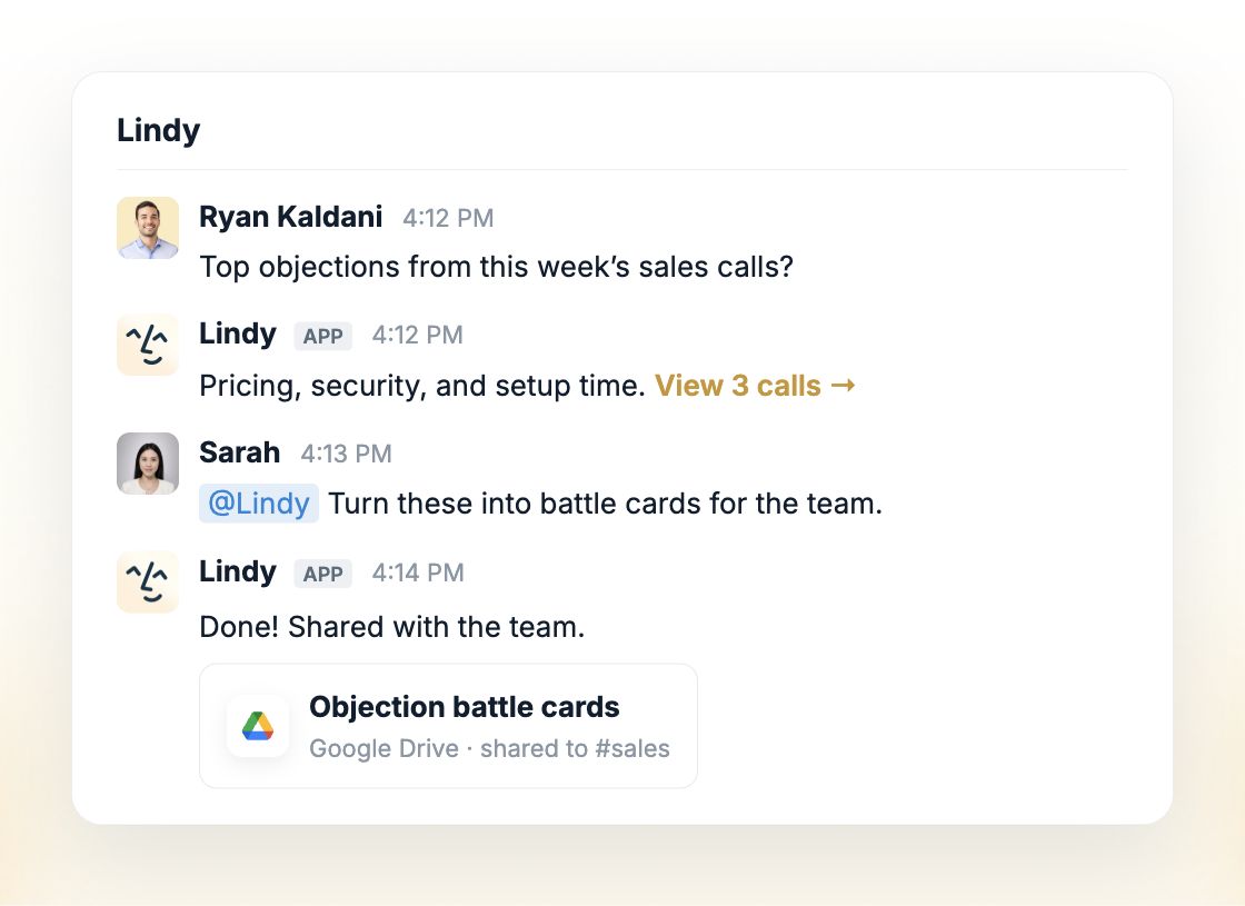 Lindy identifies objections from three sales calls, then creates objection battle cards and shares them with the team.