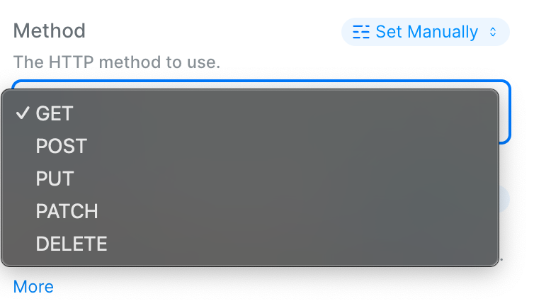 HTTP method dropdown showing GET, POST, PUT, PATCH, DELETE options