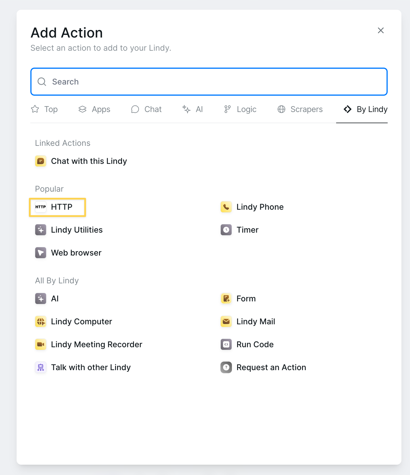 HTTP Request action in the Add Action menu under Popular and By Lindy categories