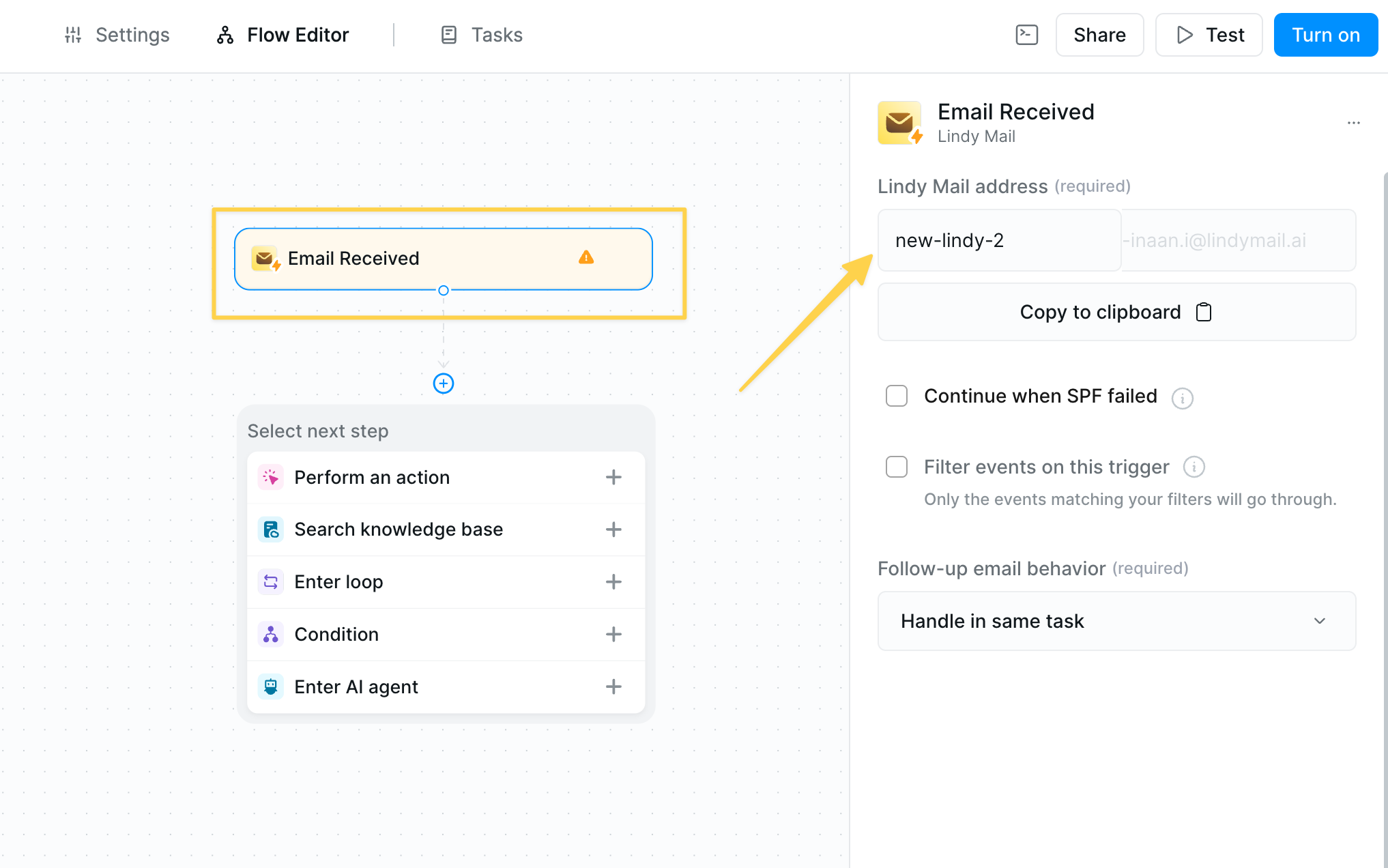 Lindy Mail trigger configuration showing email address customization and follow-up options
