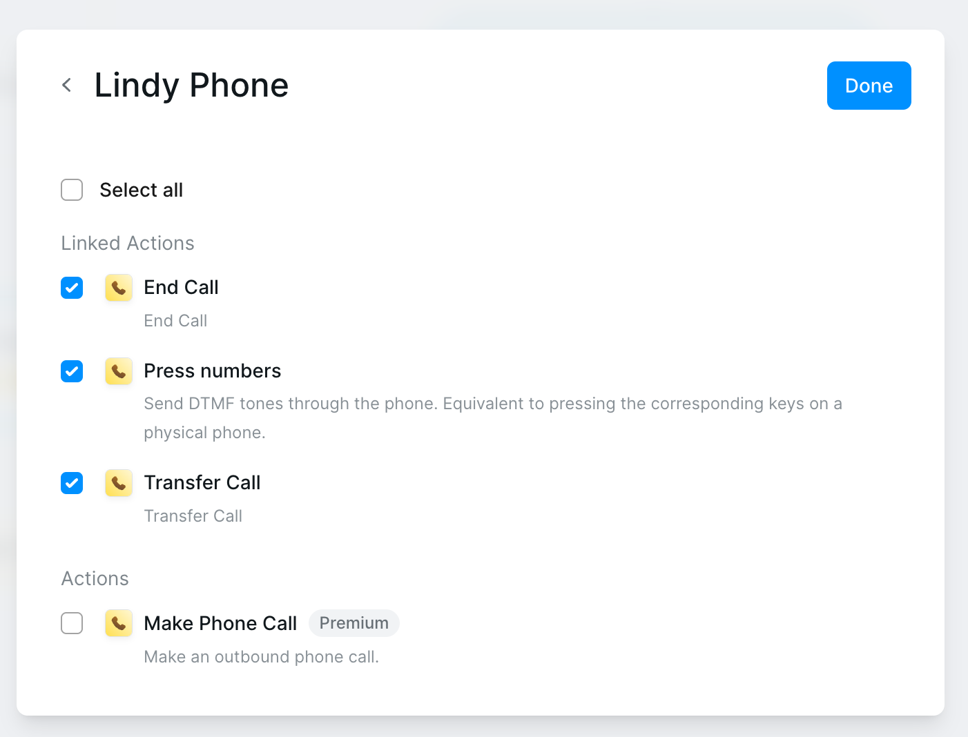 AI agent skills panel showing phone-specific actions and other integrations