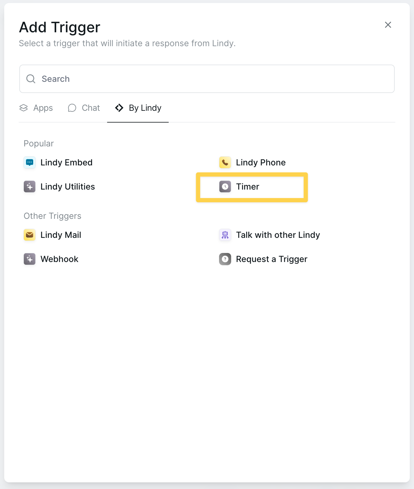 Add Trigger menu showing Timer in the popular section