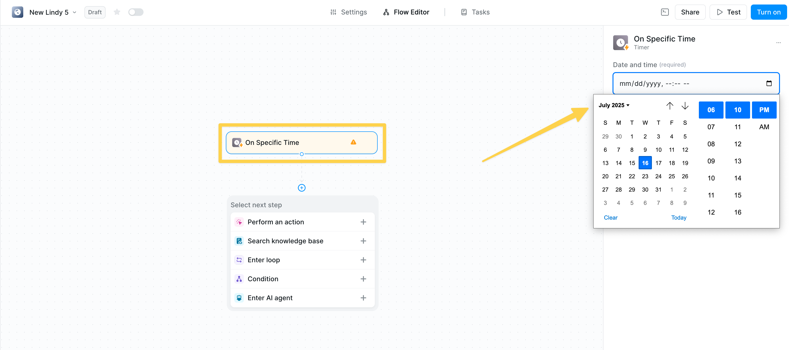 Specific time trigger with calendar date picker and time selector