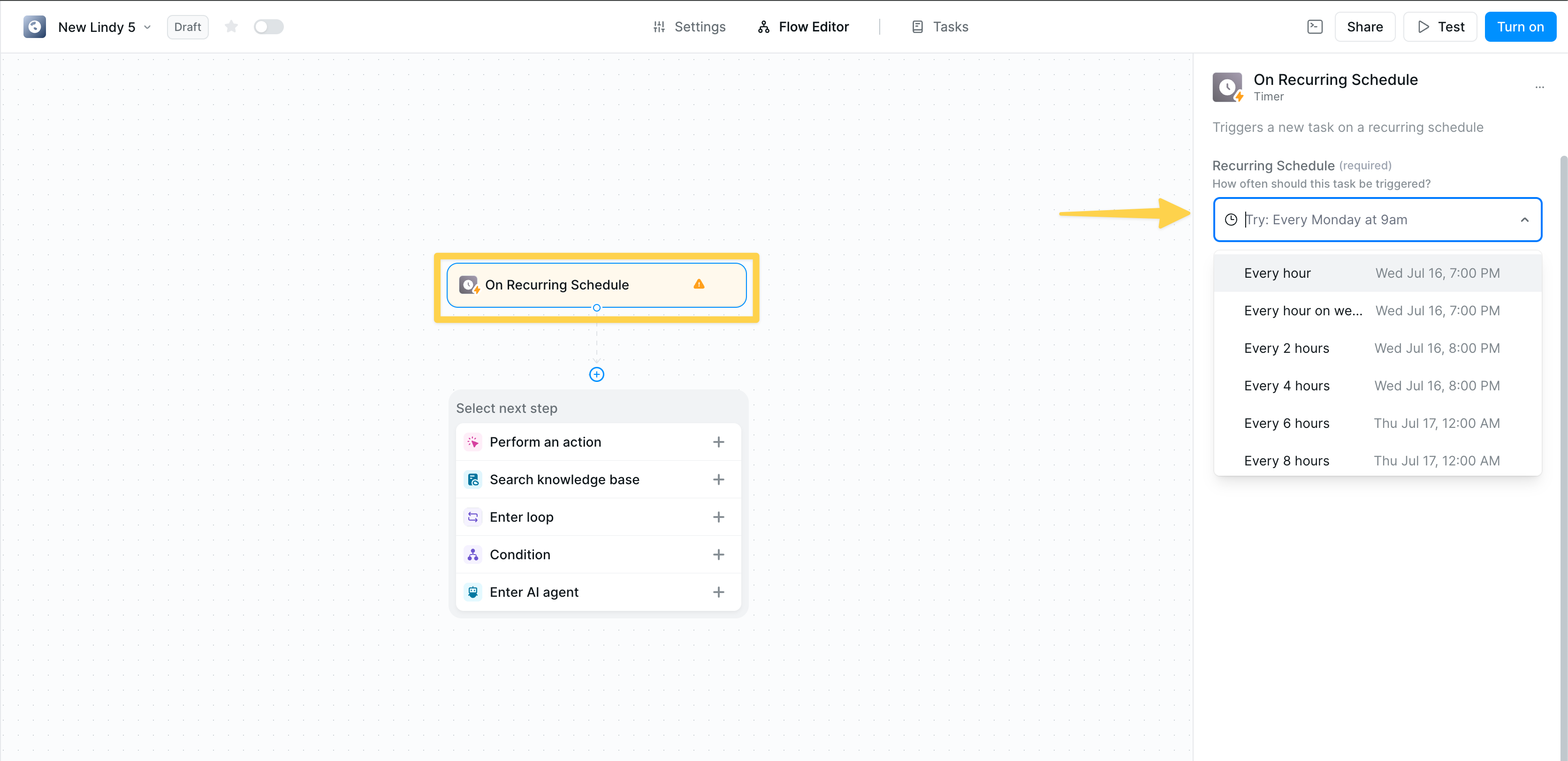 Recurring schedule configuration with preset intervals and next run times