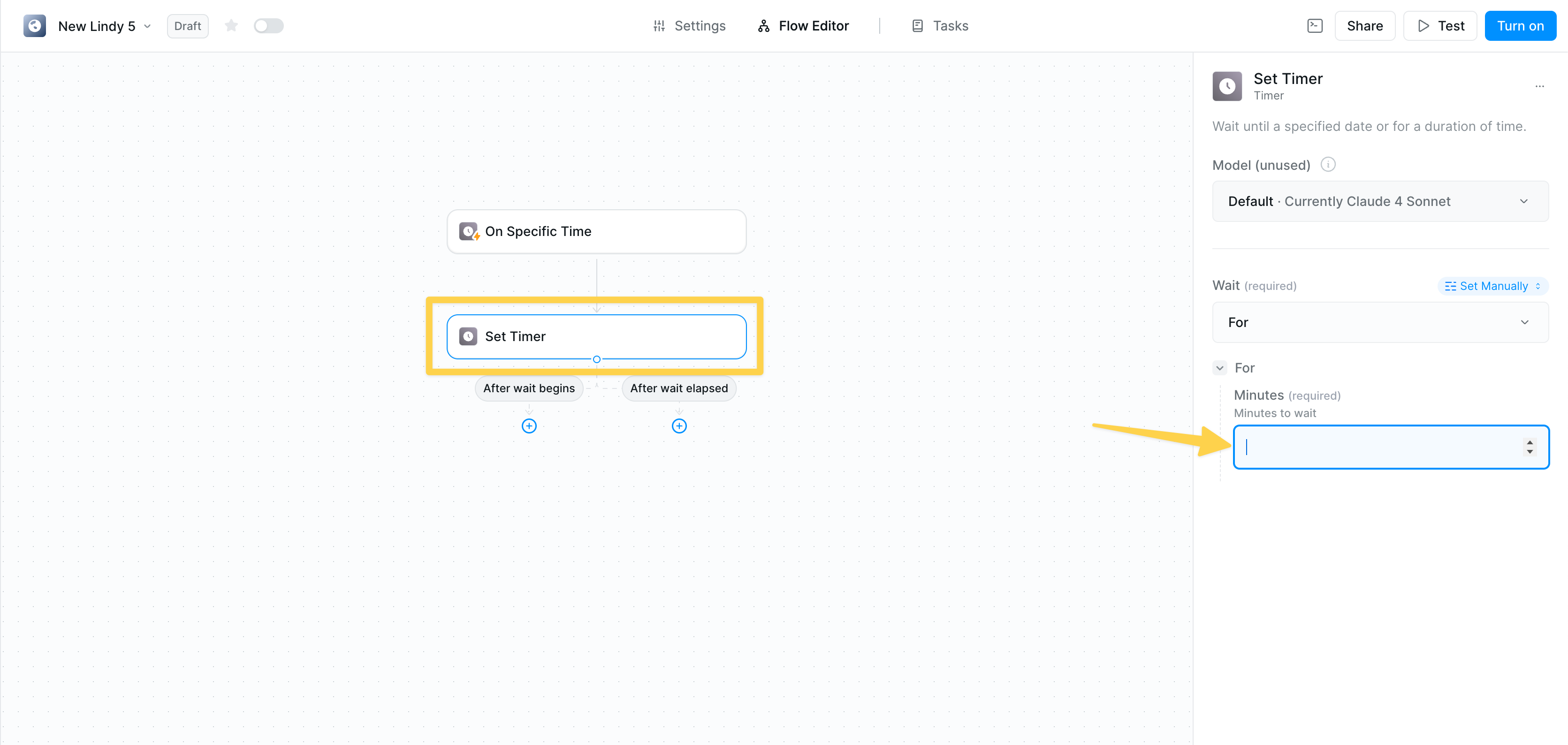 Set Timer action configured to wait for a specified number of minutes