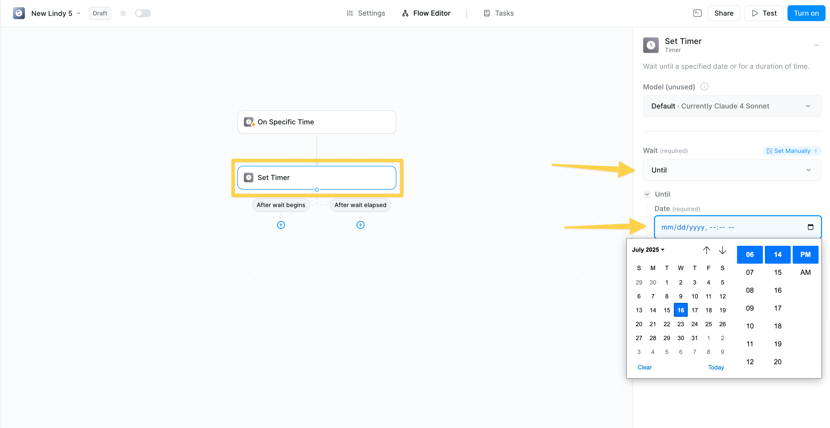 Set Timer action configured to wait until a specific date and time