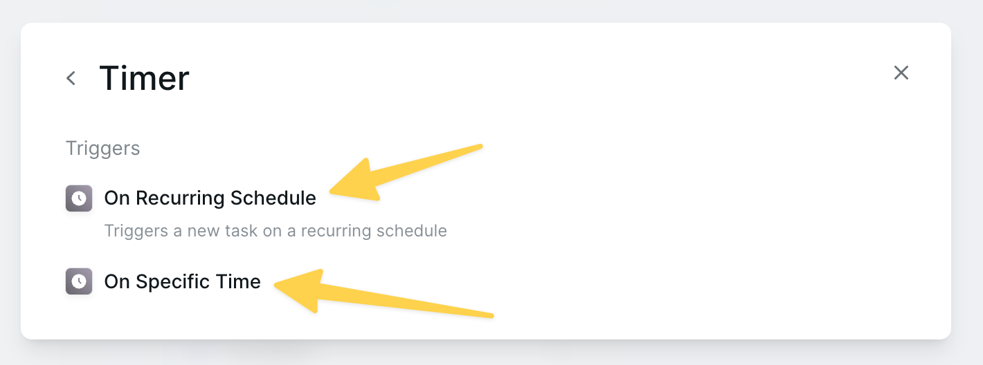 Timer trigger options showing On Recurring Schedule and On Specific Time