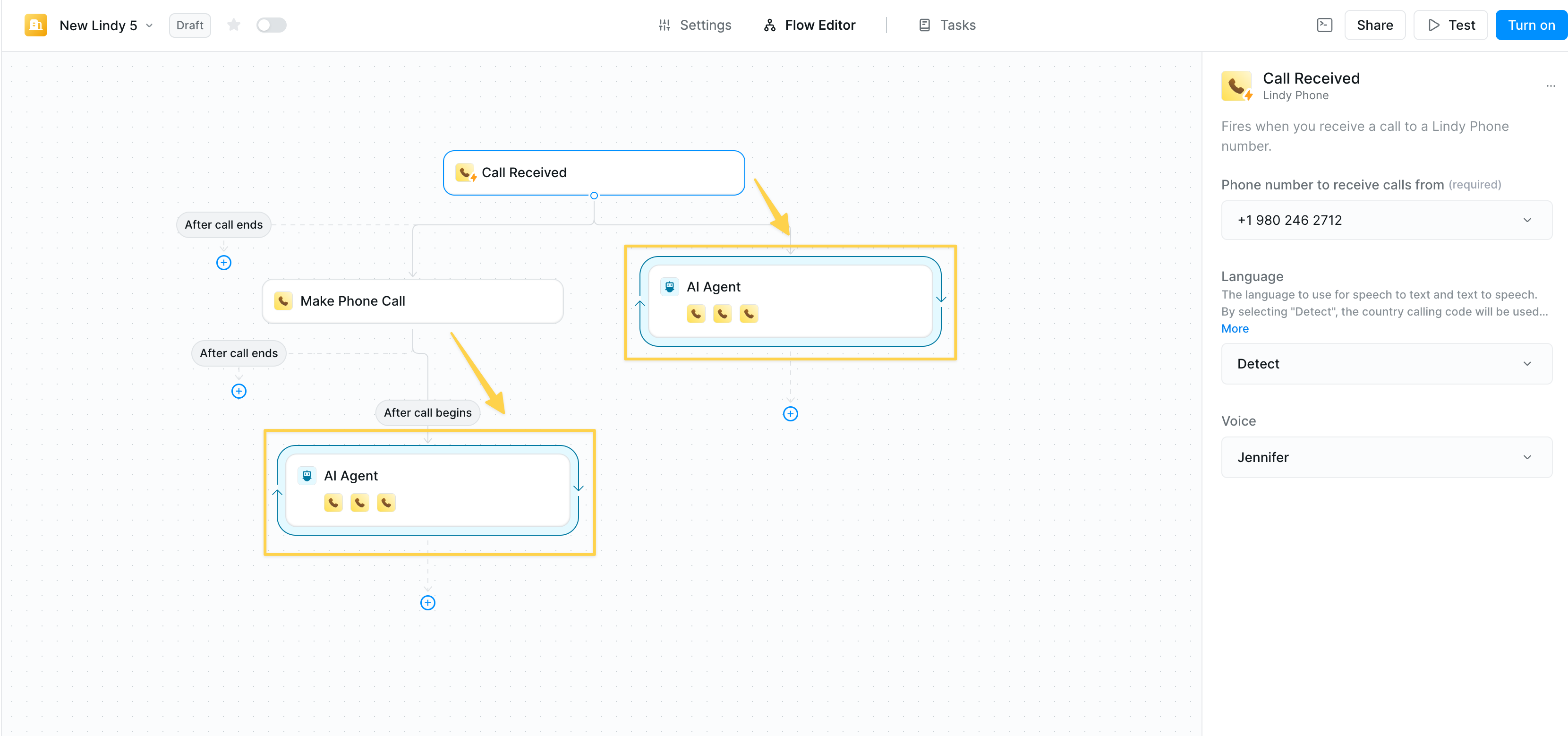 Phone call workflow showing call received trigger followed by AI agent node