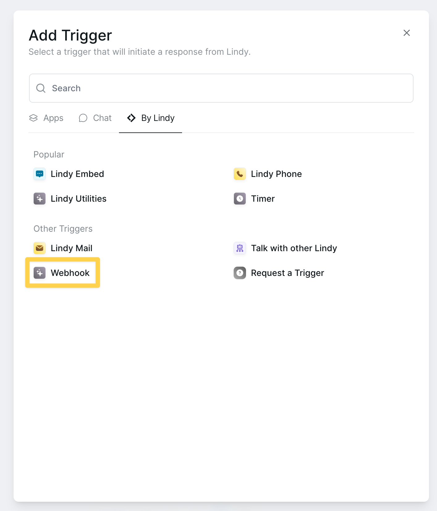 Add Trigger menu showing Webhook option in popular triggers and other triggers sections