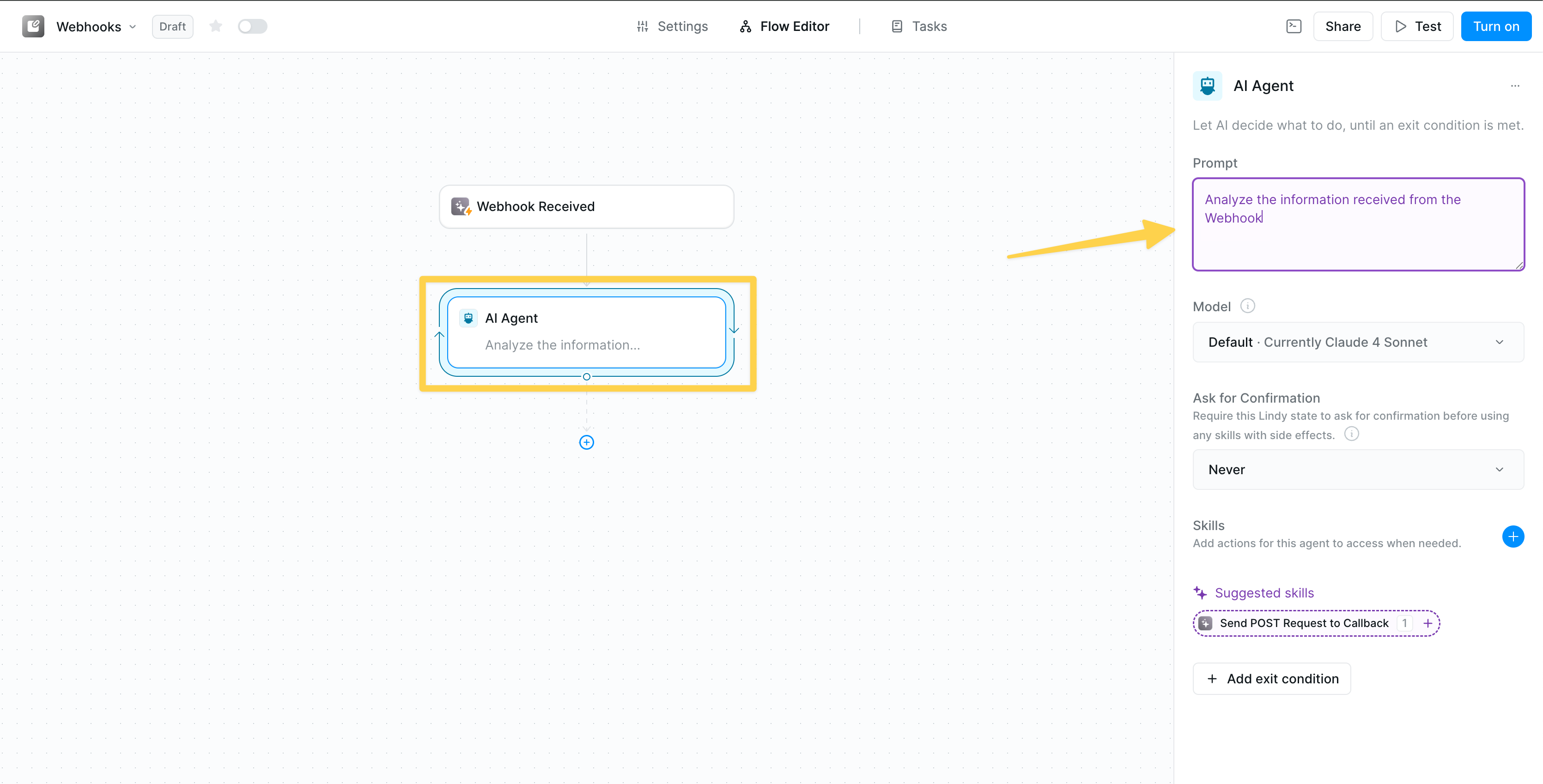 Webhook trigger followed by AI Agent node in workflow