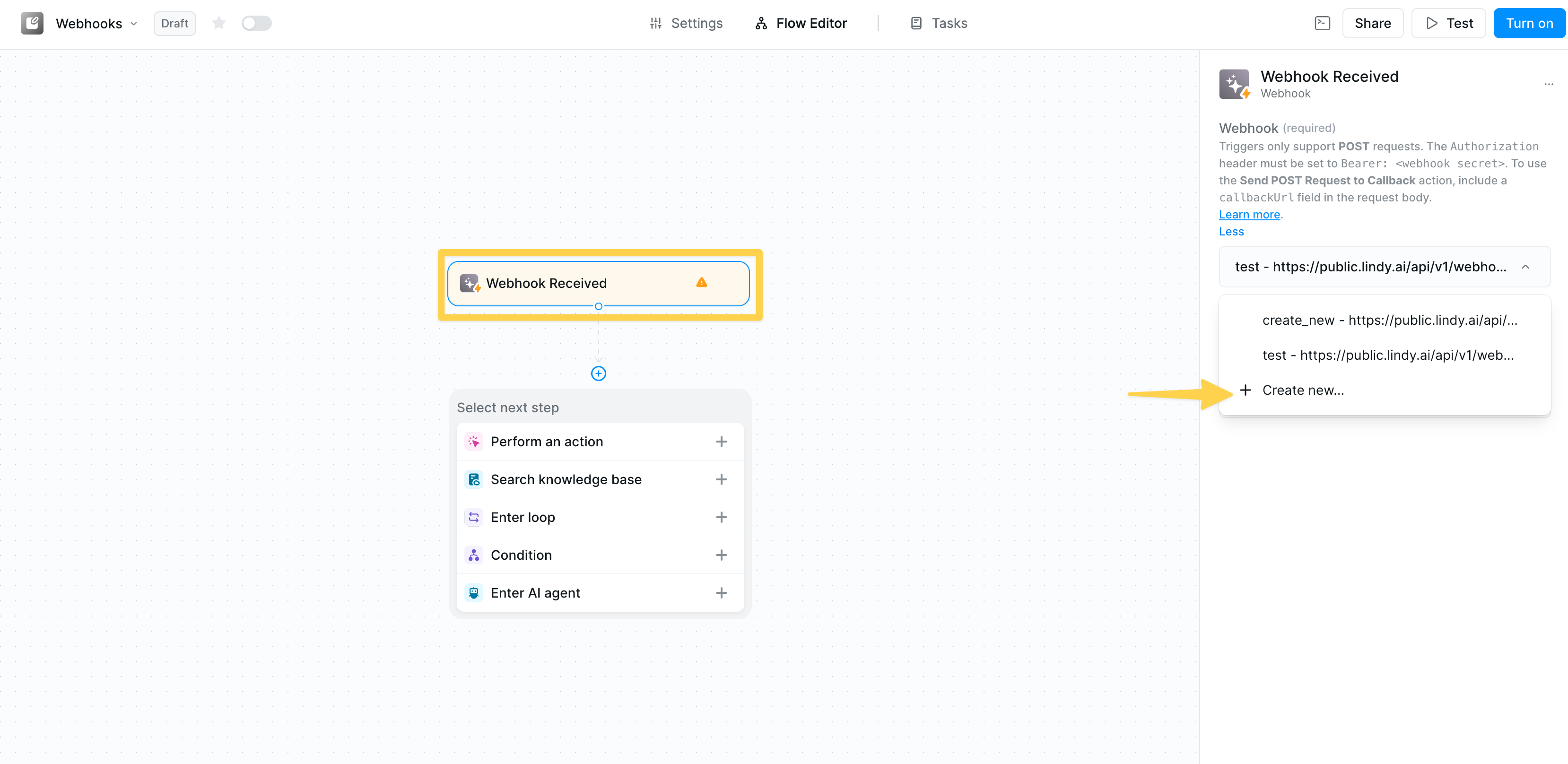 Create new webhook interface with name field and webhook list