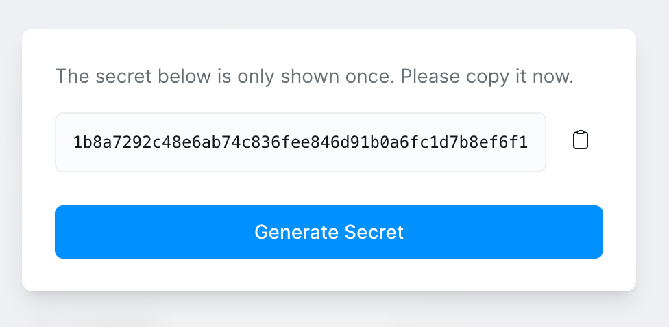 Secret key display with warning that it's only shown once
