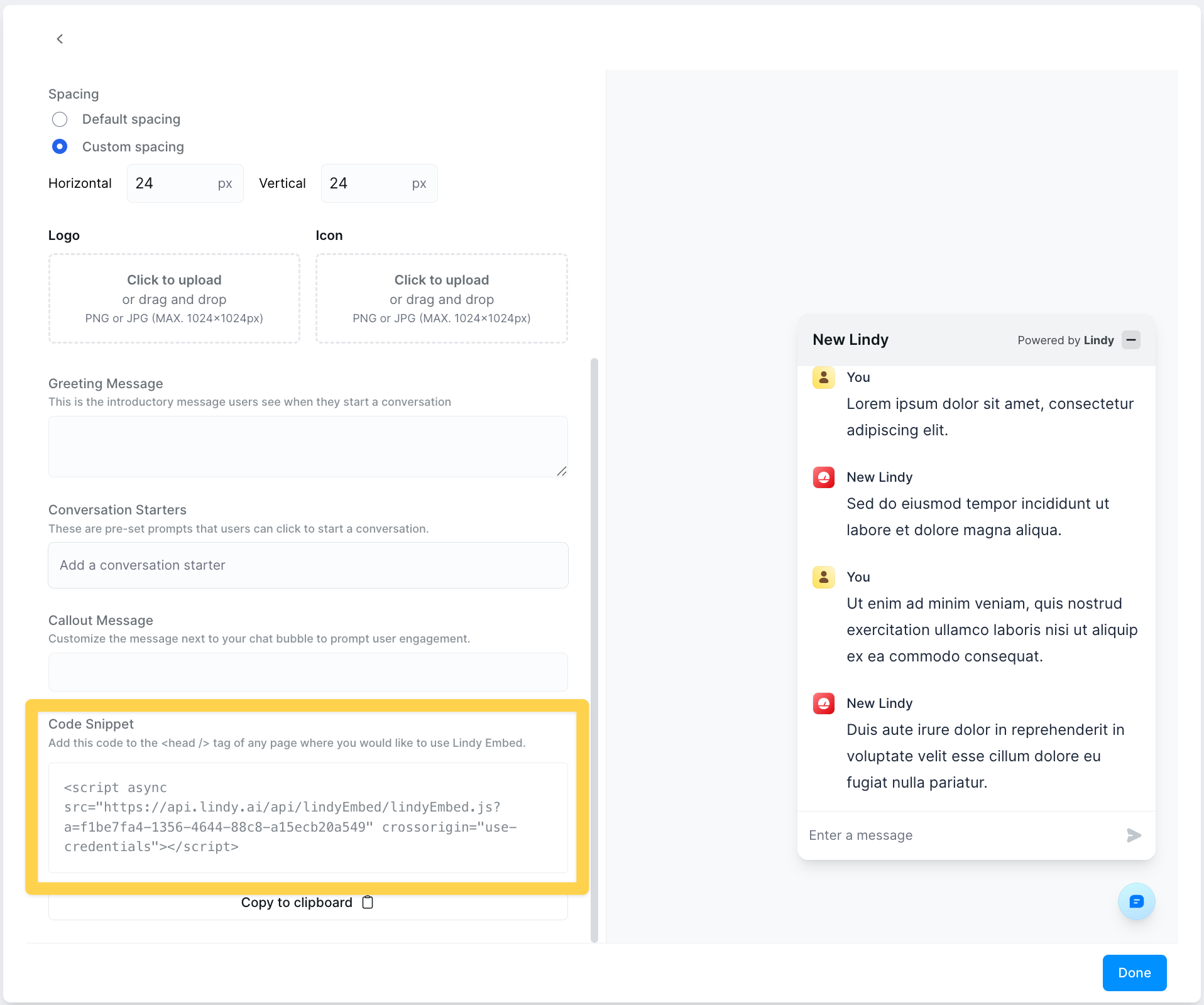 Embed settings showing the code snippet to copy for website integration