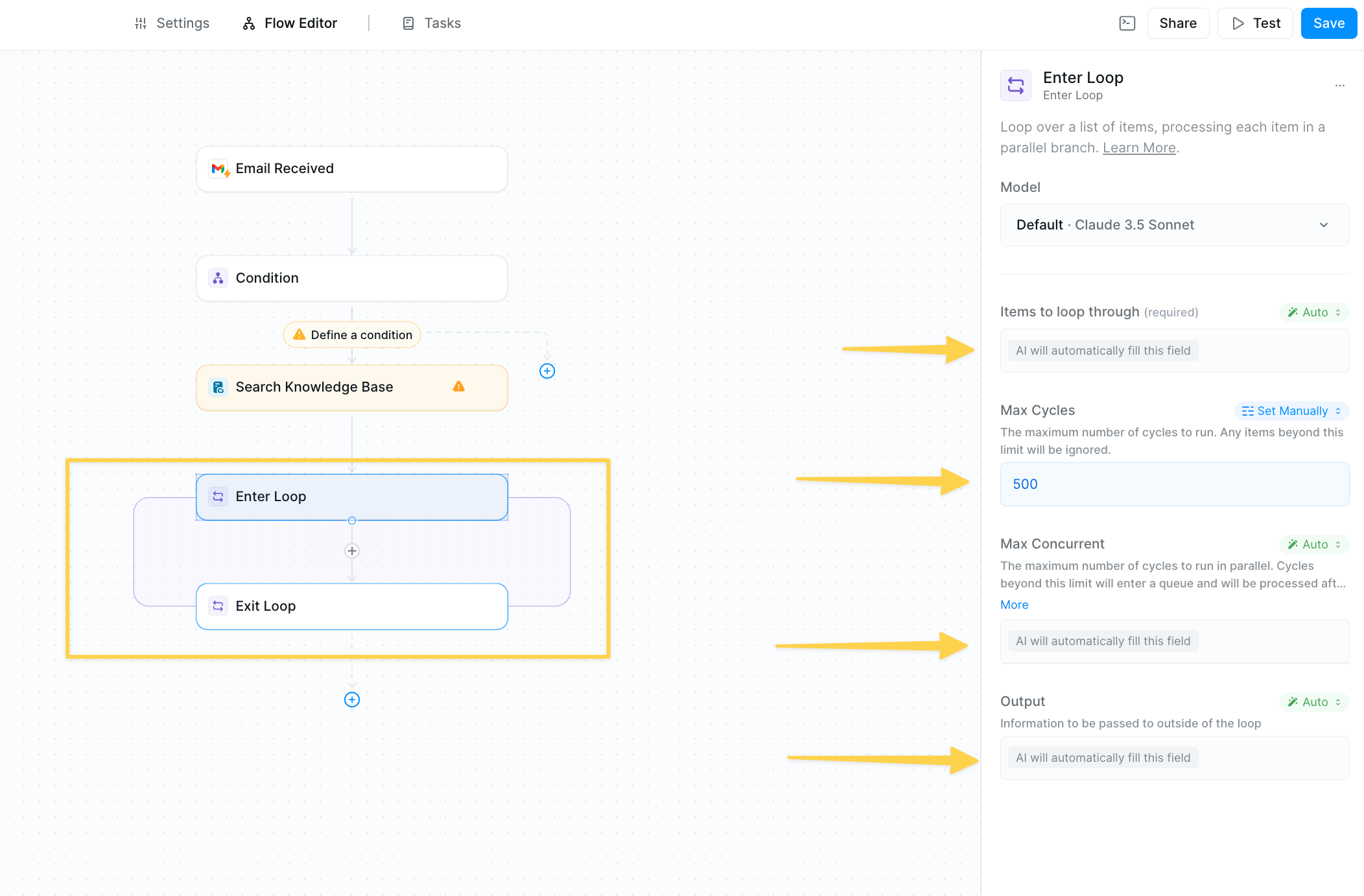 IMAGE NEEDED: Screenshot of loop configuration panel showing 'Items to loop through' field