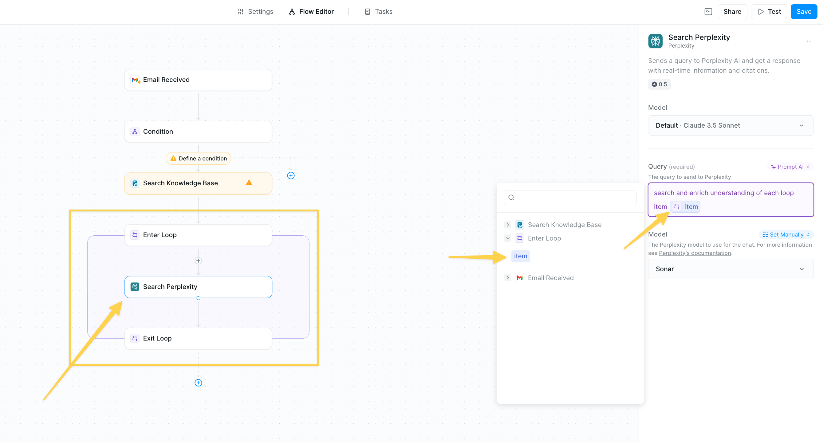 IMAGE NEEDED: Screenshot showing search action configured with loop item reference