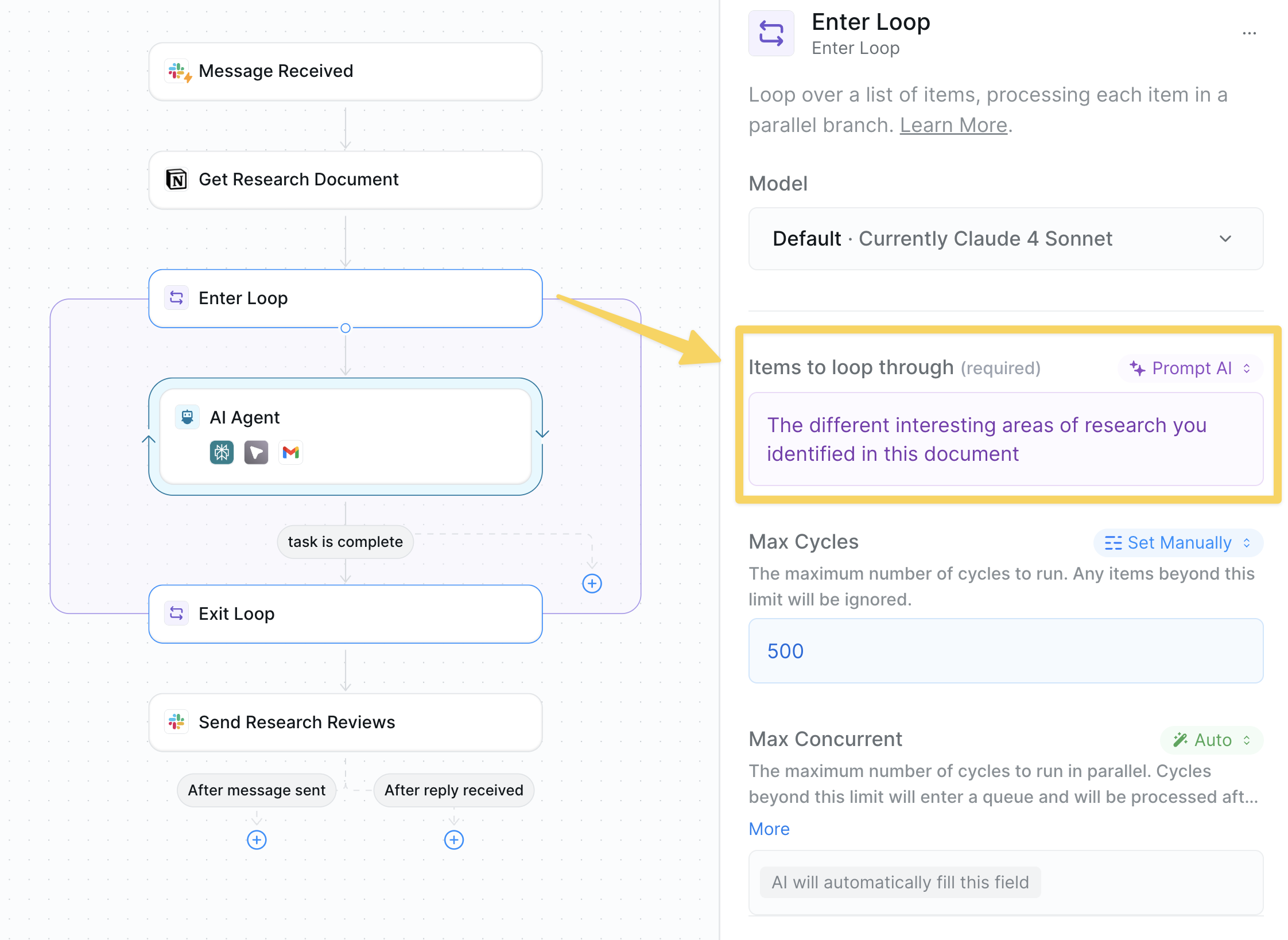 Example of AI prompt for looping items