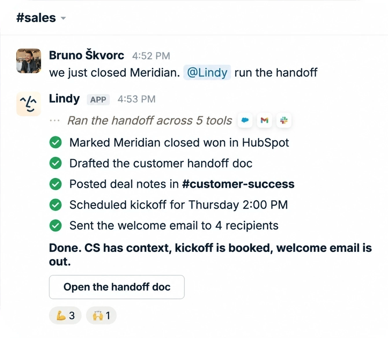 In #sales, Bruno says the team just closed Meridian and asks Lindy to run the handoff. Lindy runs it across five tools: marks Meridian closed won in HubSpot, drafts the customer handoff doc, posts deal notes in #customer-success, schedules kickoff for Thursday 2:00 PM, and sends the welcome email to four recipients