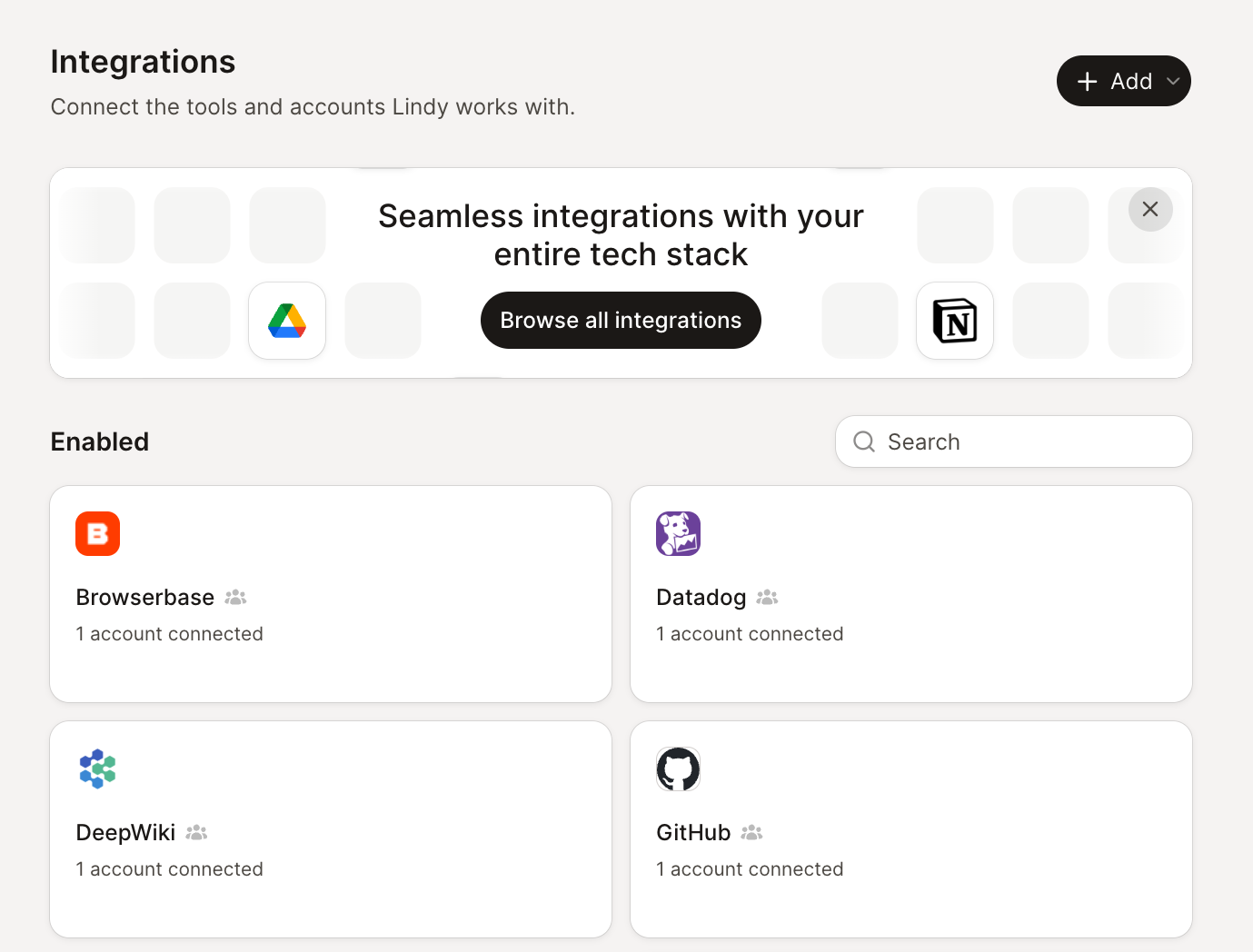 The Integrations page: an Add button, a Browse all integrations banner, and enabled tools like Browserbase, Datadog, DeepWiki, and GitHub showing their connected accounts