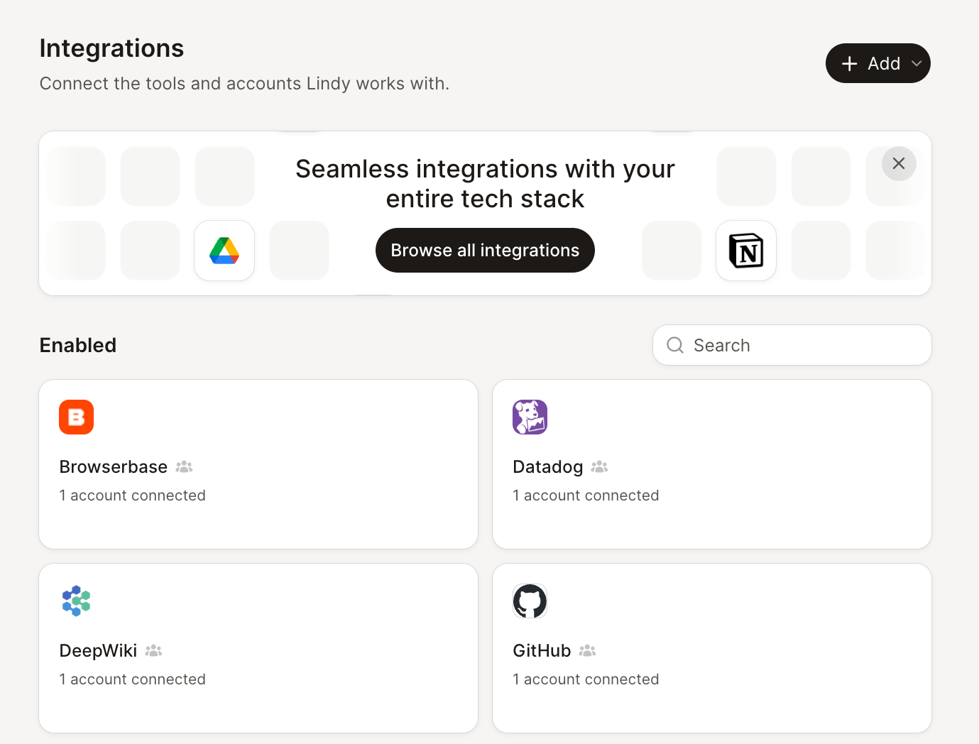 The Integrations page: an Add button, a Browse all integrations banner, and enabled tools like Browserbase, Datadog, DeepWiki, and GitHub showing their connected accounts