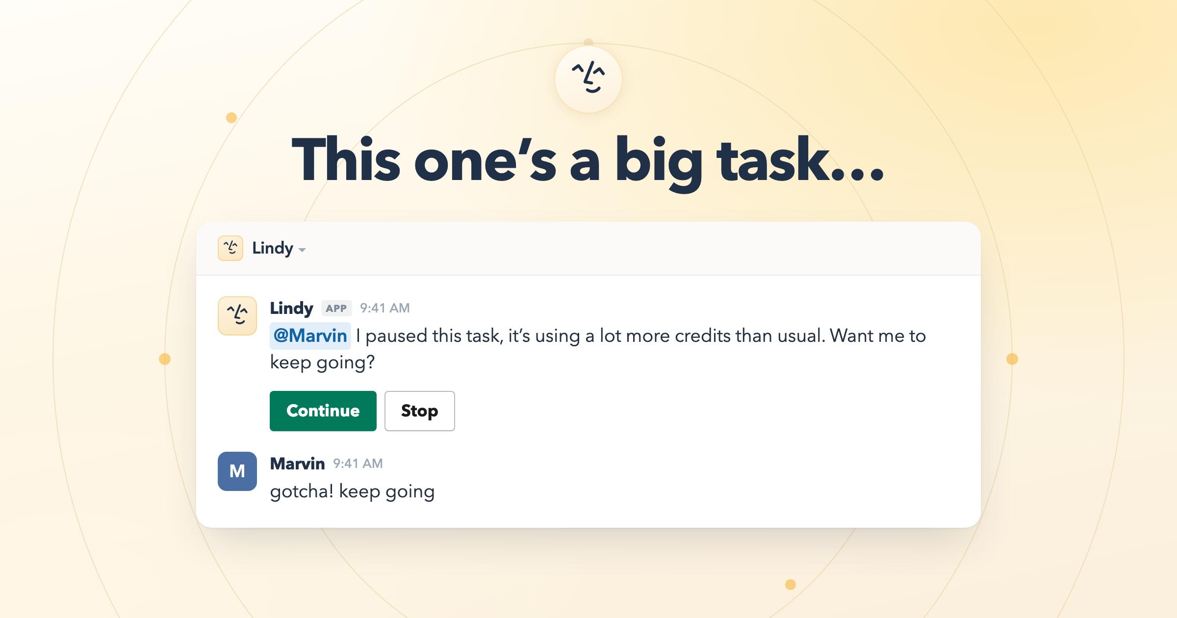 Lindy pausing a heavy task in Slack and asking whether to continue