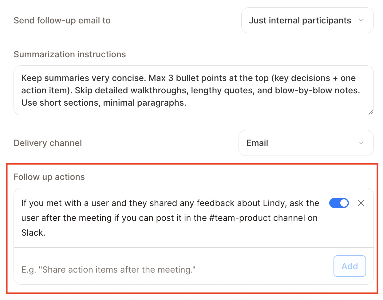 Meeting note taking settings with the Follow up actions field highlighted, showing a custom action and the field for adding another