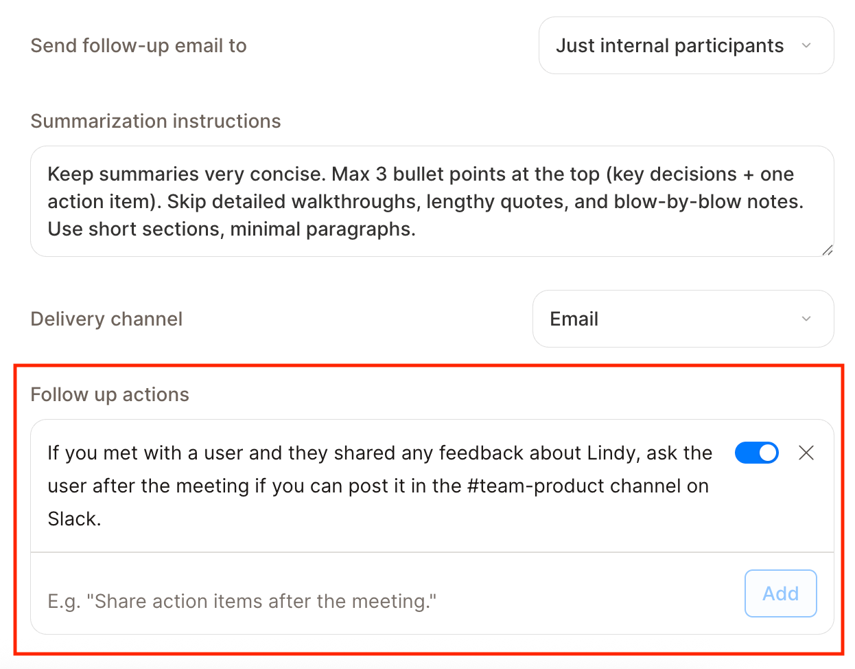 Meeting note taking settings with the Follow up actions field highlighted, showing a custom action and the field for adding another