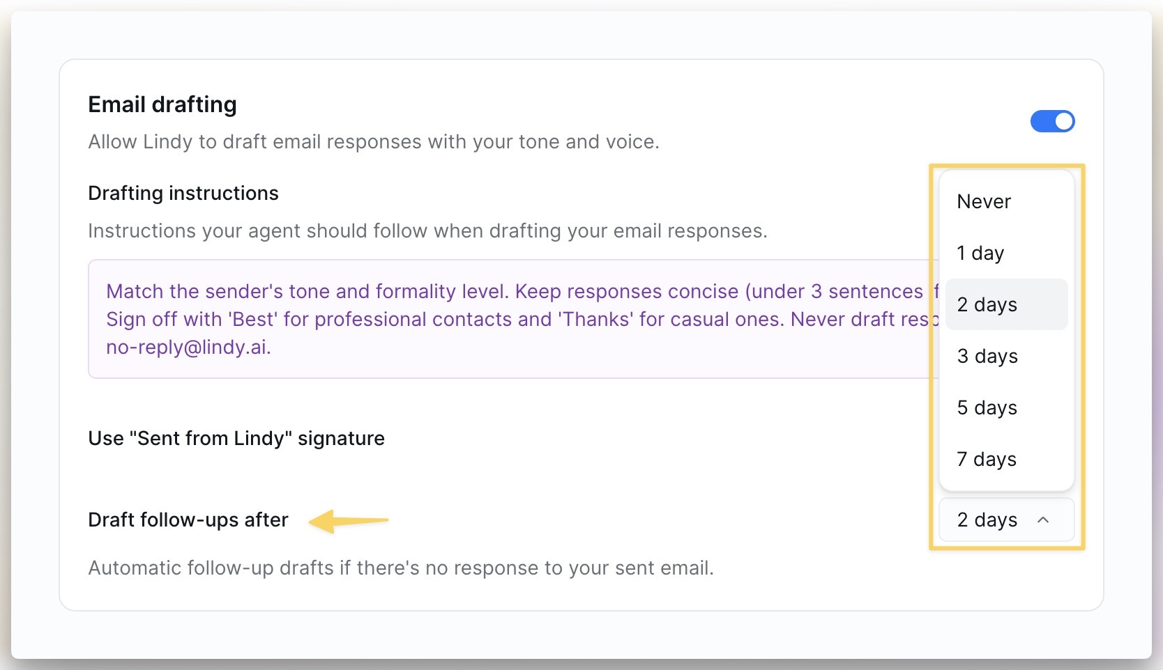 Automatic follow-up drafting settings