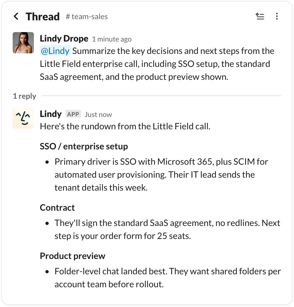 A Slack thread in #team-sales: asked to summarize decisions and next steps from the Little Field enterprise call, Lindy replies in-thread with three sections — SSO with Microsoft 365 plus SCIM for user provisioning, the standard SaaS agreement with a 25-seat order form as the next step, and folder-level chat landing best in the product preview