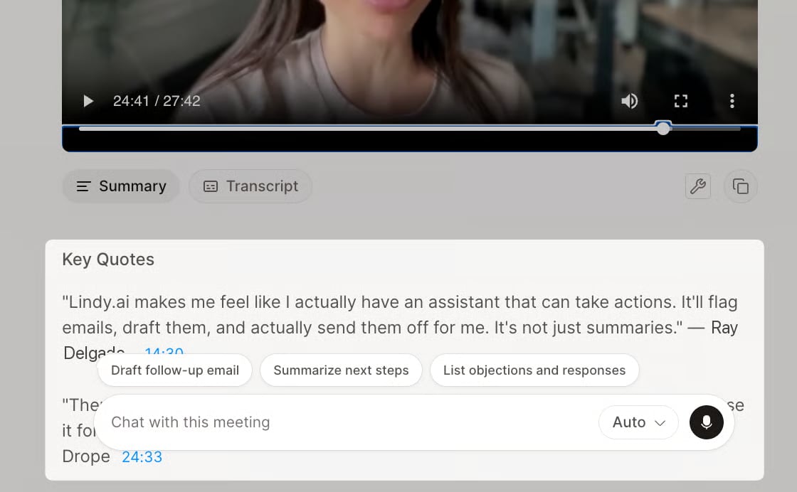 A recorded meeting open to its Summary tab, with a timestamped key quote from Ray Delgado about Lindy flagging, drafting, and sending emails rather than only summarizing, and a Chat with this meeting box offering to draft a follow-up email, summarize next steps, or list objections and responses