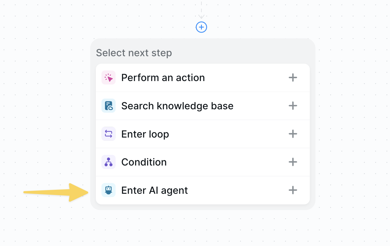 IMAGE NEEDED: Screenshot of clicking 'Enter AI agent' option when adding a step