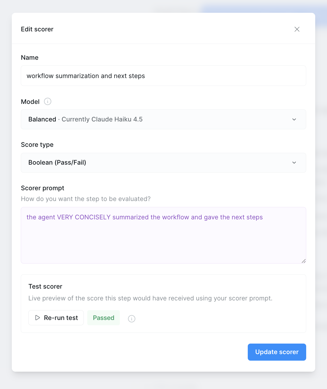 Creating a new scorer with LLM judge configuration