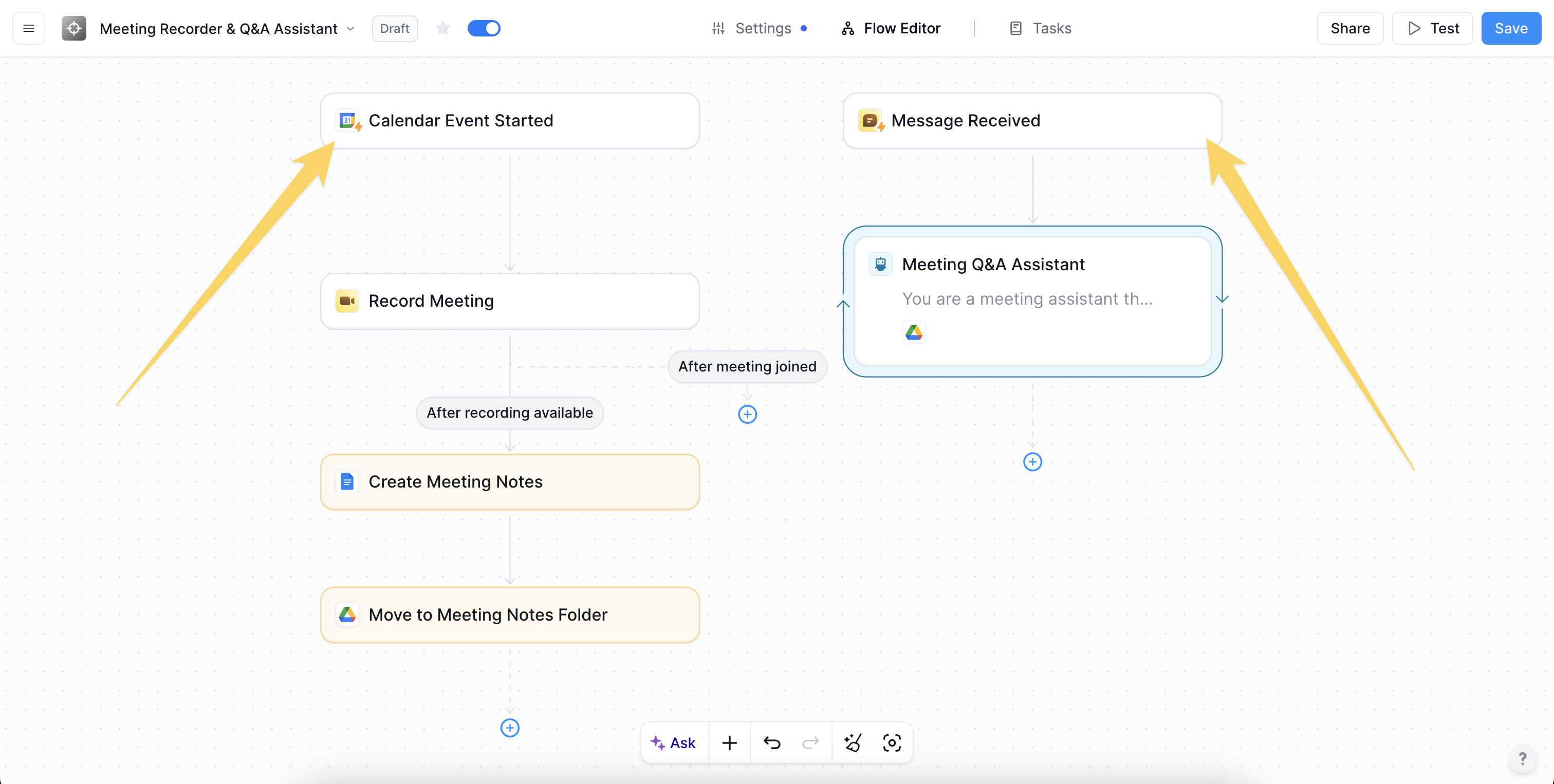 Calendar + Chat multi-trigger workflow