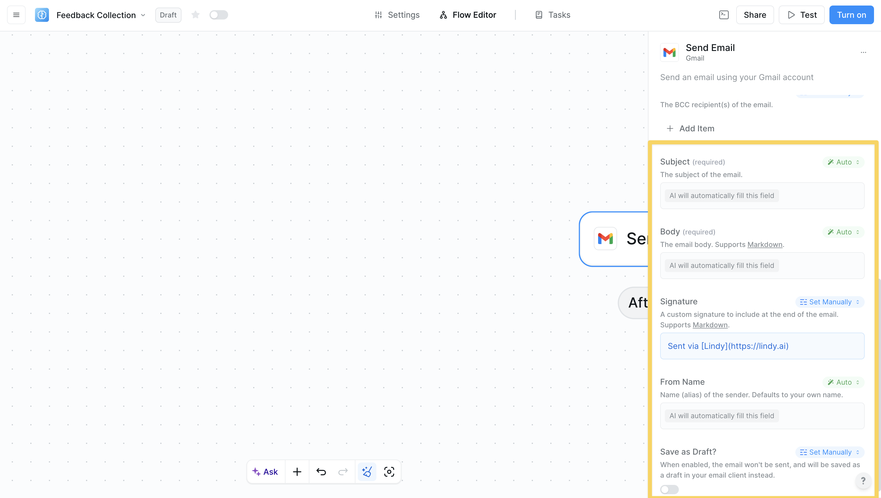 Action configuration interface