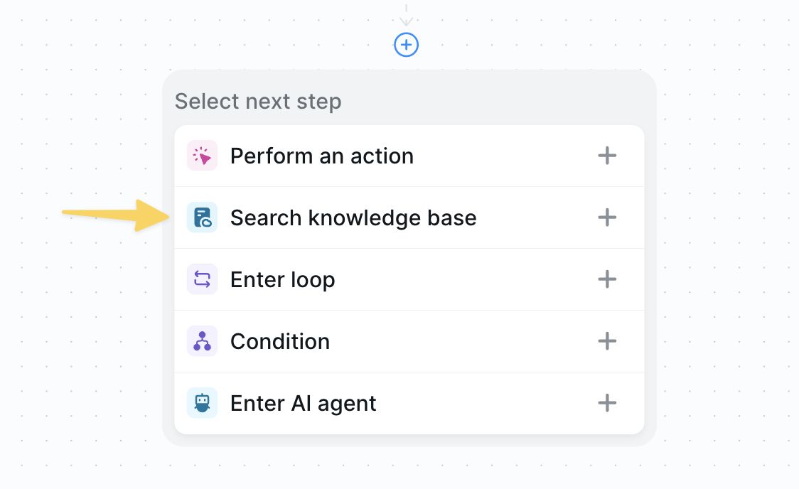 IMAGE NEEDED: Screenshot showing the Add Step menu with 'Search knowledge base' option highlighted
