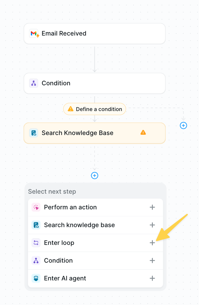 IMAGE NEEDED: Screenshot showing 'Enter loop' option in the Add Step menu