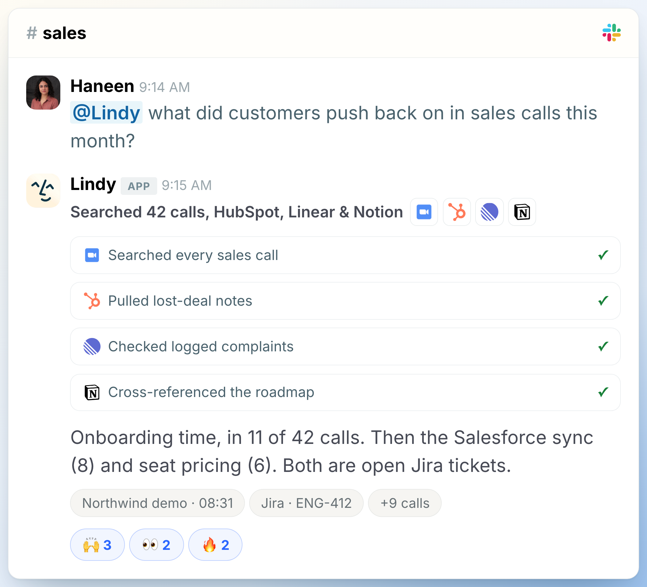 A teammate @mentions Lindy in #sales to ask what customers pushed back on this month, and Lindy replies in the channel with the sources it searched