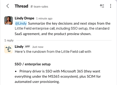 A Slack thread in #team-sales: a teammate asks Lindy to summarize the key decisions and next steps from a call, and Lindy replies in the thread with an SSO and enterprise setup rundown