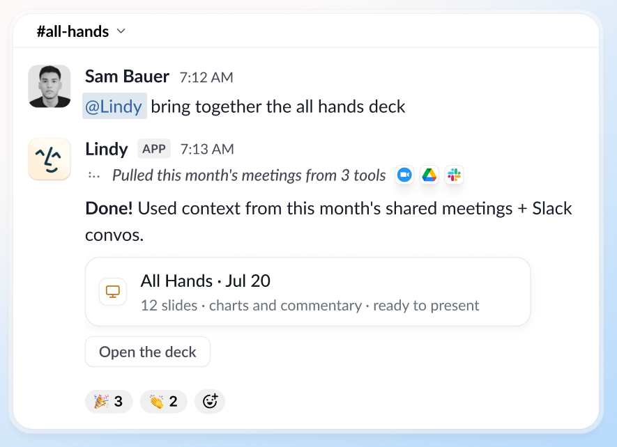 Lindy in #all-hands: asked to bring together the all hands deck, it pulls this month's meetings from three tools and returns a 12-slide All Hands deck with charts and commentary, ready to present