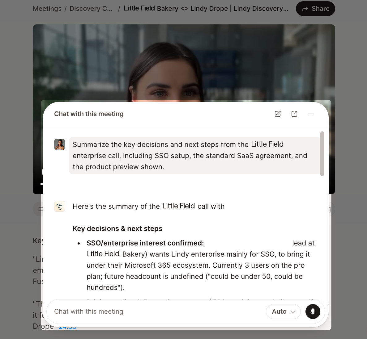 The Chat with this meeting panel: asked to summarize the key decisions and next steps from an enterprise call, Lindy answers with a Key decisions and next steps list