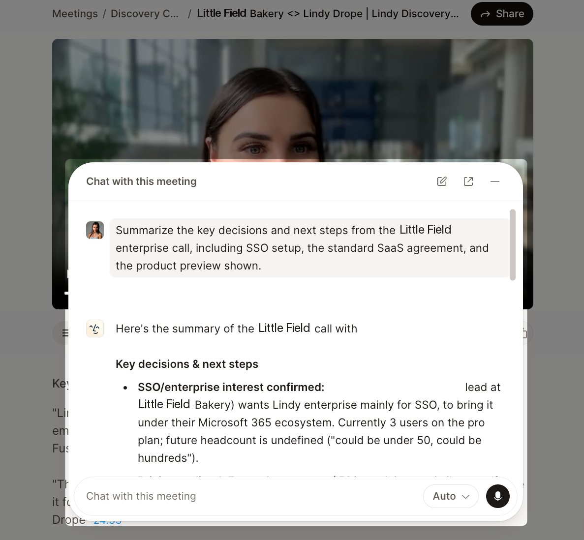 The Chat with this meeting panel: asked to summarize the key decisions and next steps from an enterprise call, Lindy answers with a Key decisions and next steps list